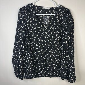 Lush black ivory v-neck button down long sleeve blouse L